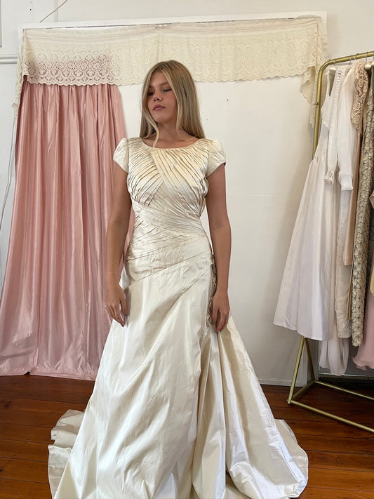 Vintage 90s silk dupion pleated high neck wedding gown