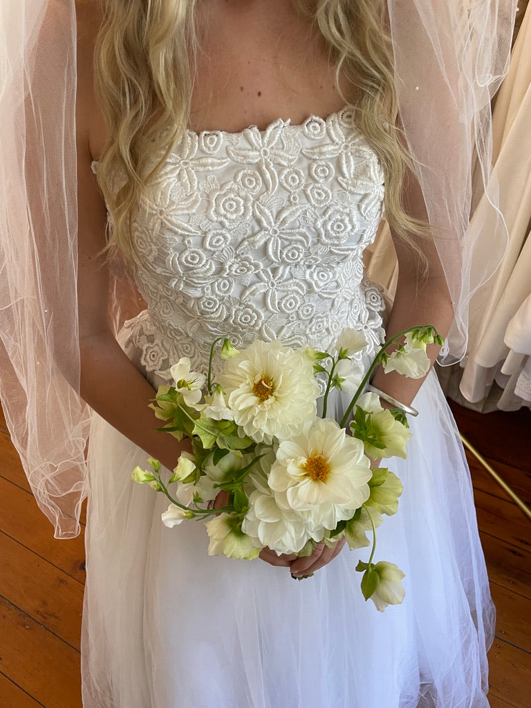 Vintage Y2K strapless tulle gown with guipure lace bodice