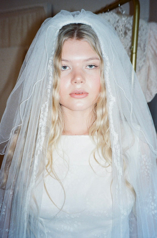 Vintage 70s embroidered chapel veil with blusher ivory