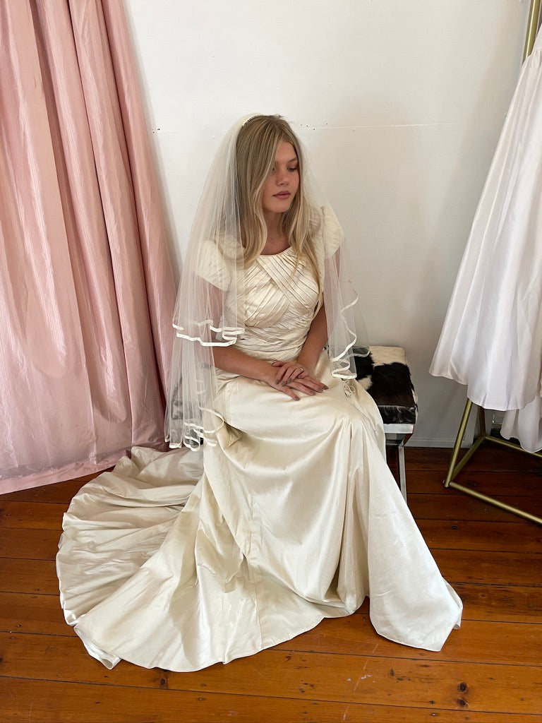 Vintage 90s silk dupion pleated high neck wedding gown