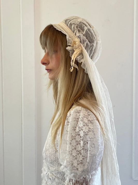 Antique 20s Juliet Cap veil with ruffles and satin ribbon flowers