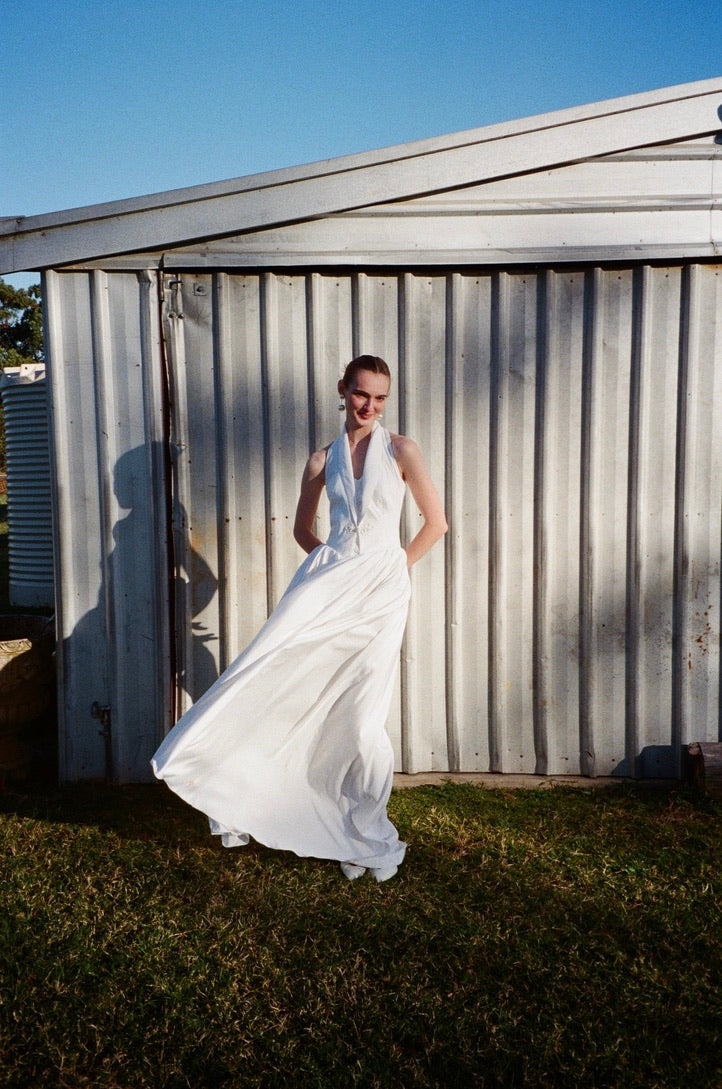 Vintage 90s taffeta basque waist halterneck gown