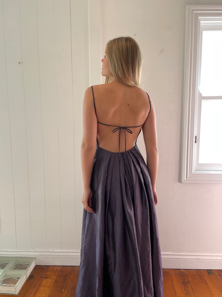 Vintage 90s purple high neck open back pleated evening dress