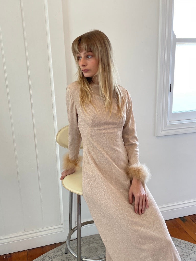 Vintage 60s champagne lurex long sleeve gown with ostrich feather cuffs