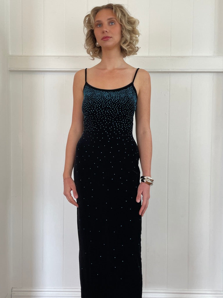 Vintage 90s black velvet midi dress with blue sparkle