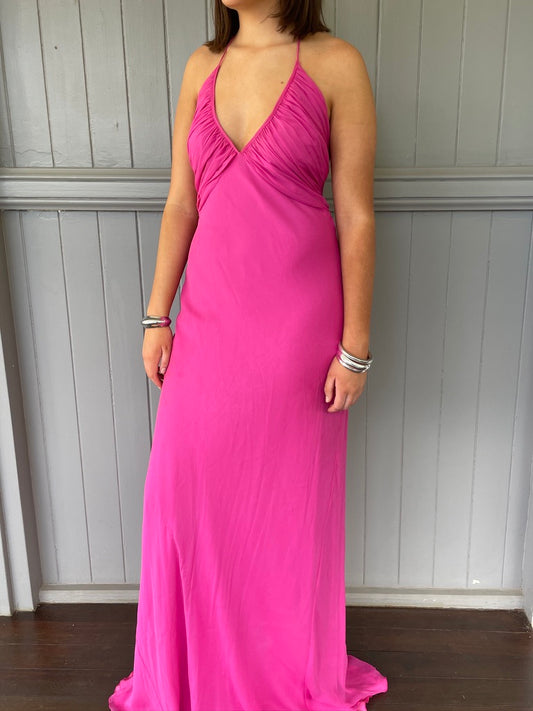 Vintage y2k pink silk halter neck maxi dress