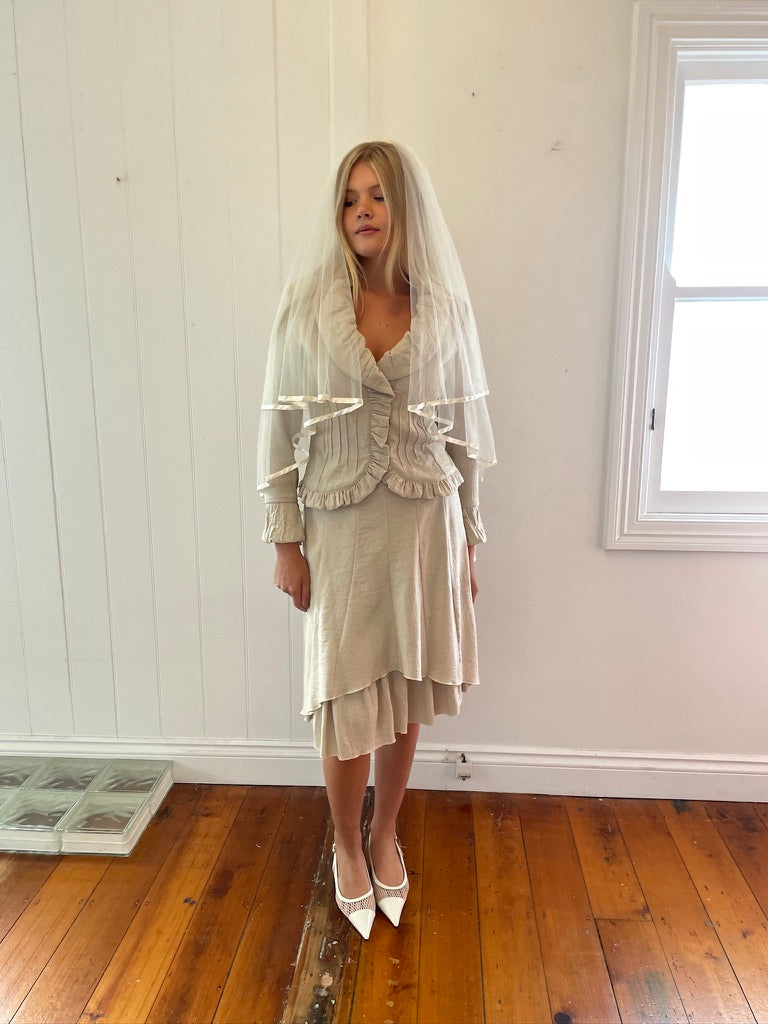 Vintage y2k french made bridal skirt suit set oatmeal