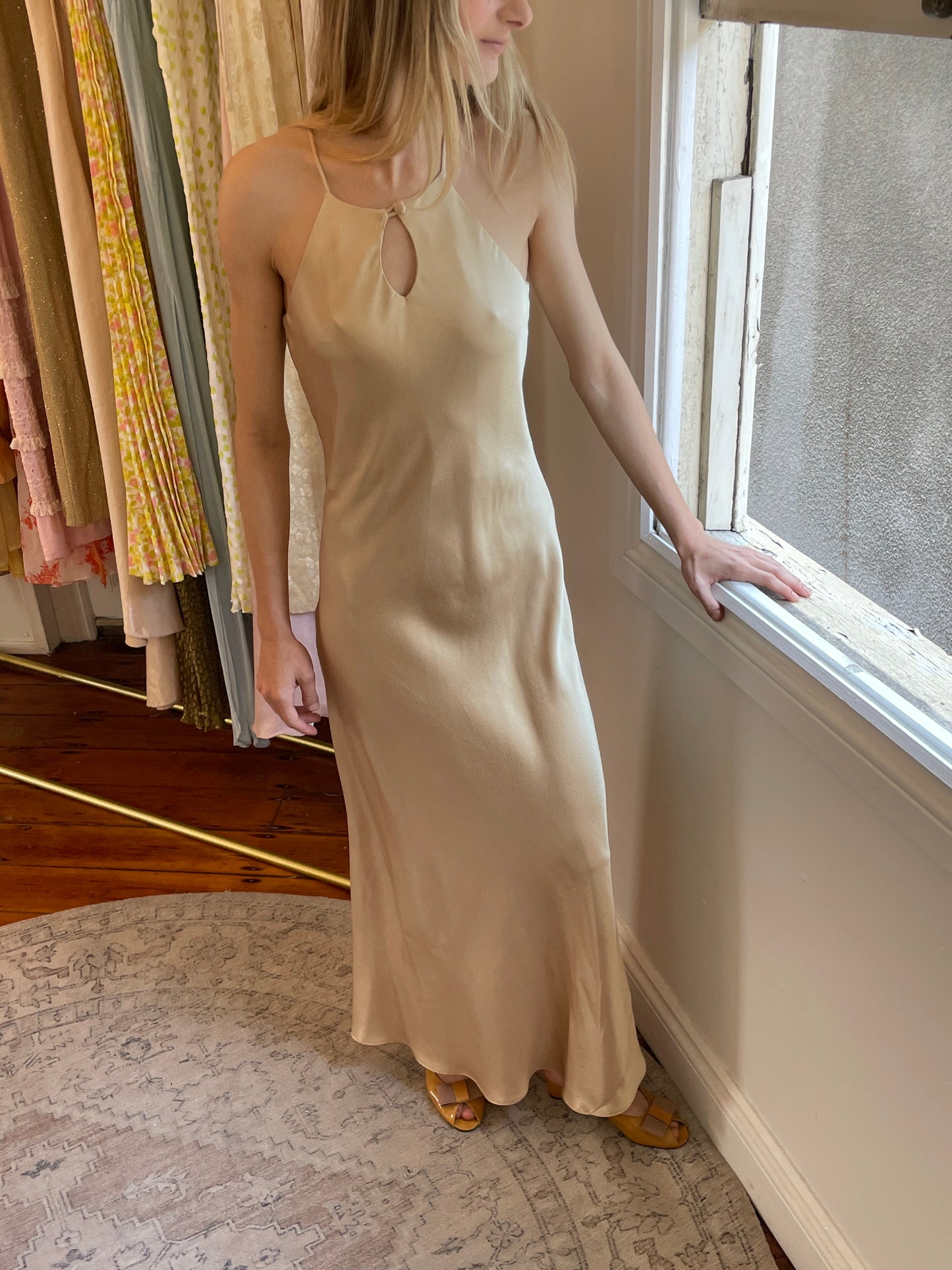 Vintage 90s champagne high neck bias cut evening dress