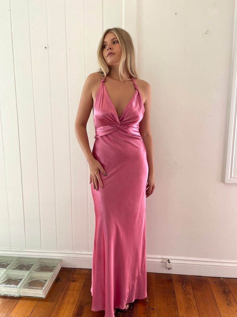 Vintage Y2K pink satin backless halter neck gown