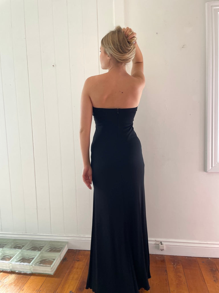 Vintage 90s black strapless gown with rhintstone hardware