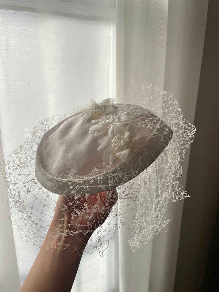 Vintage 70s white satin bridal hat with face netting