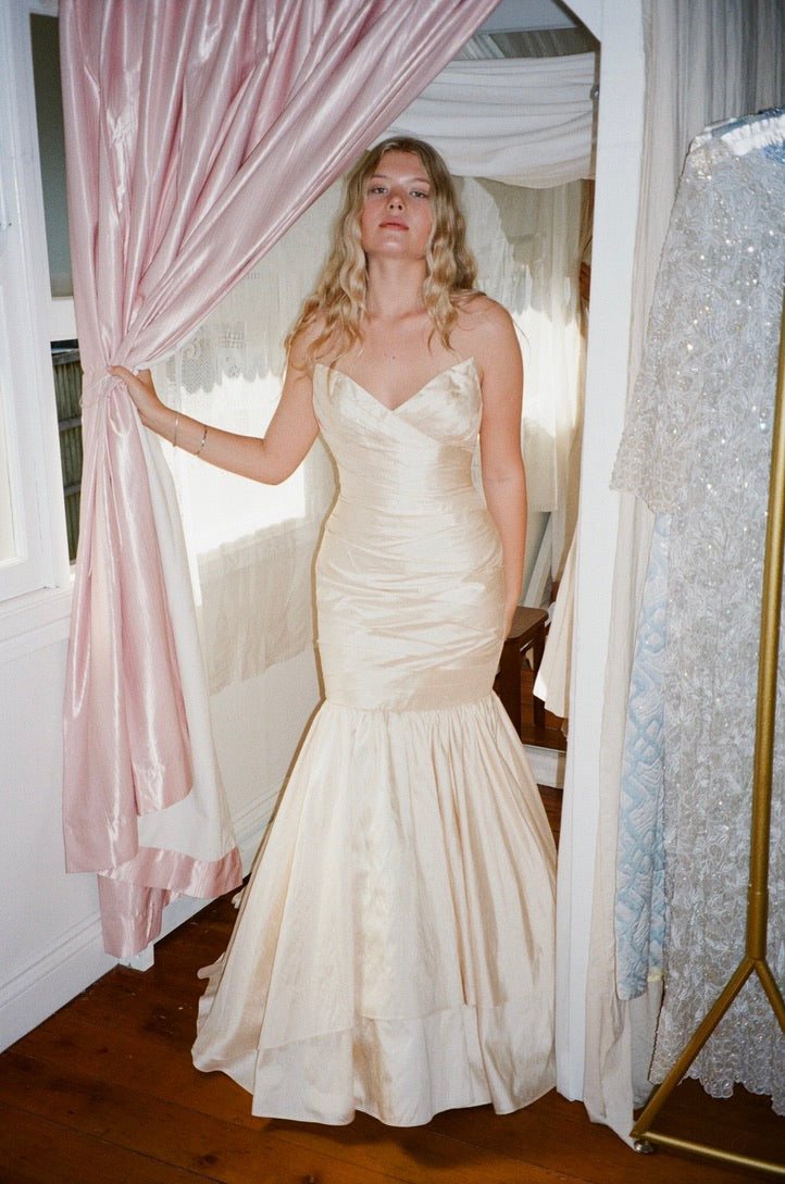 Vintage y2k raw silk champagne trumpet wedding gown
