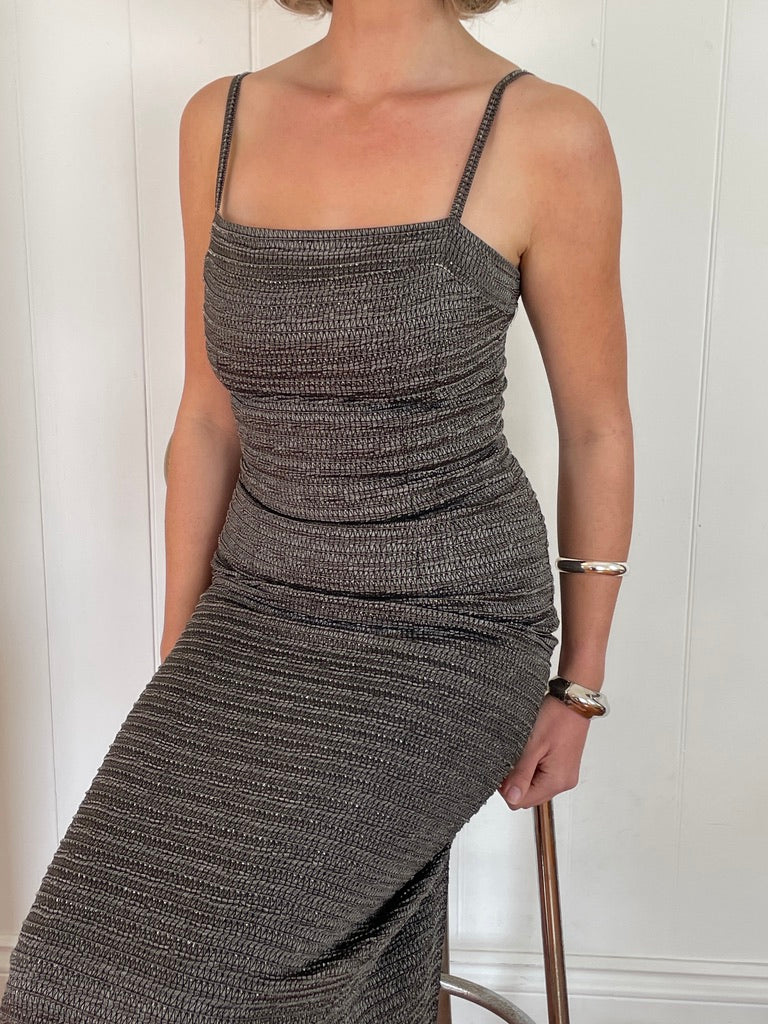Vintage Y2K Carmen Marc Valvo grey column dress