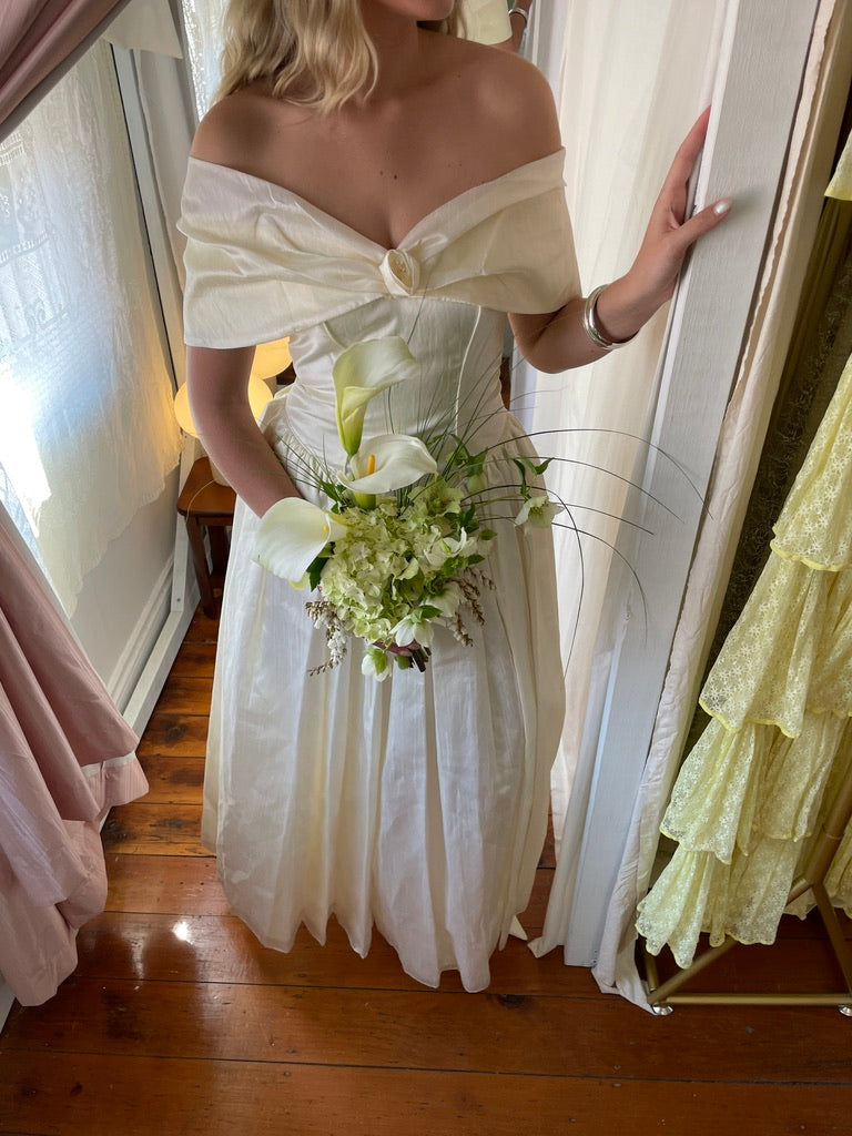 Vintage 90s basque waist cream off shoulder gown with bow