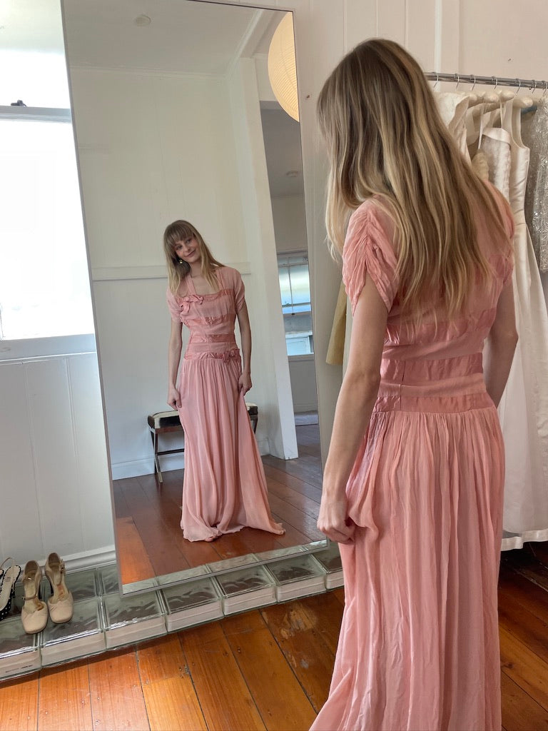 Vintage 50s pink drop waist maxi dress with bows