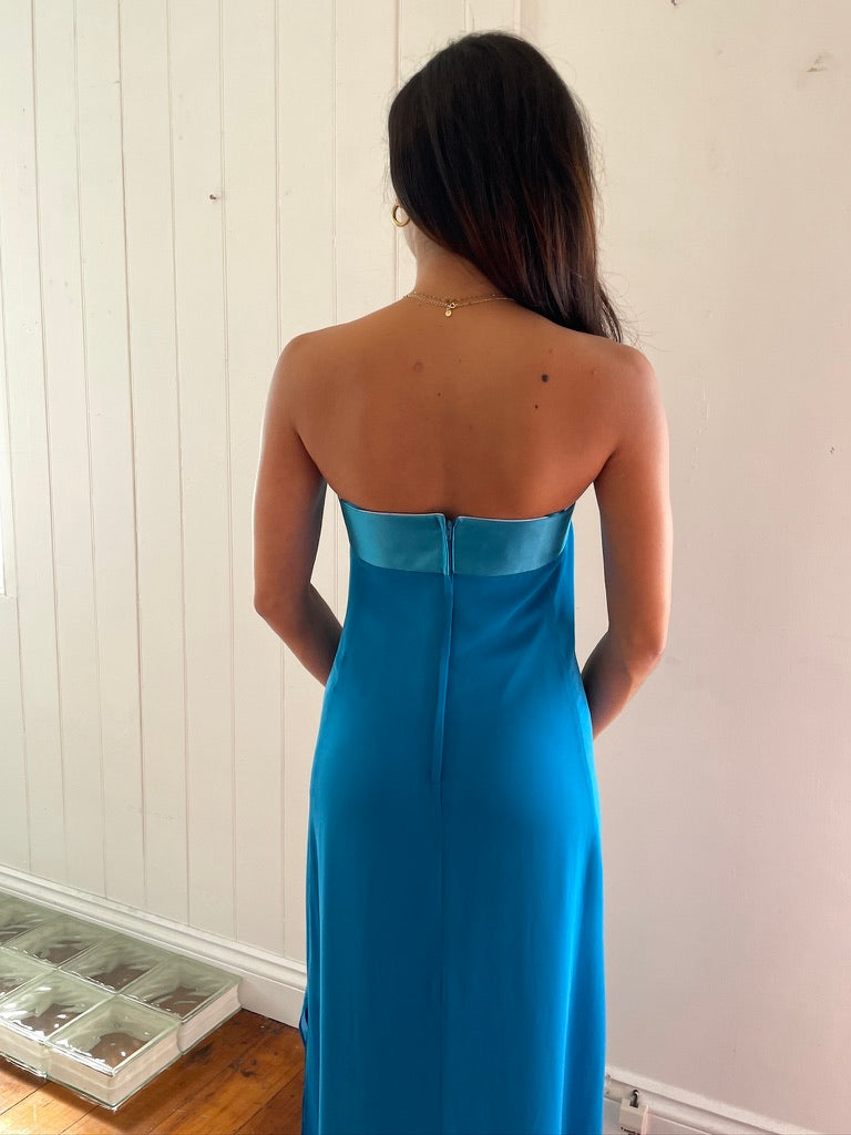 Vintage 90s blue strapless column evening dress