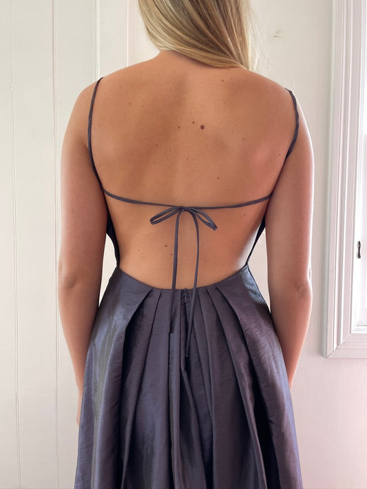 Vintage 90s purple high neck open back pleated evening dress