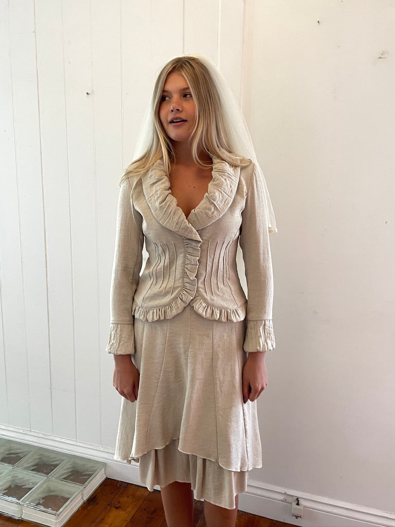Vintage y2k french made bridal skirt suit set oatmeal