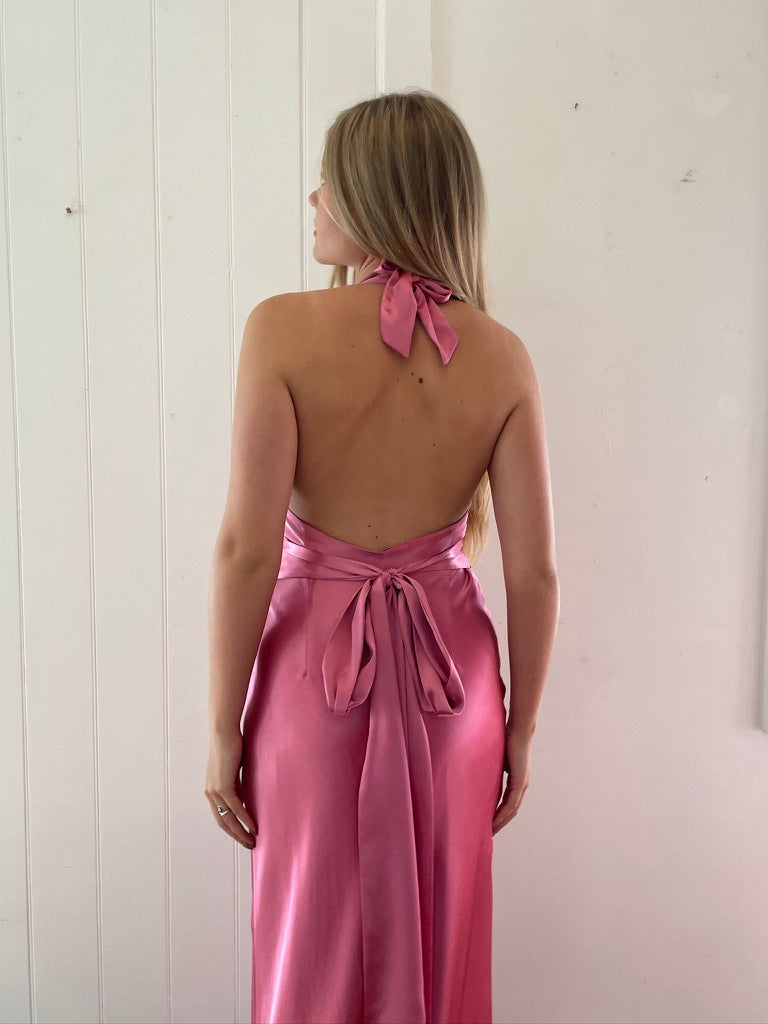 Vintage Y2K pink satin backless halter neck gown