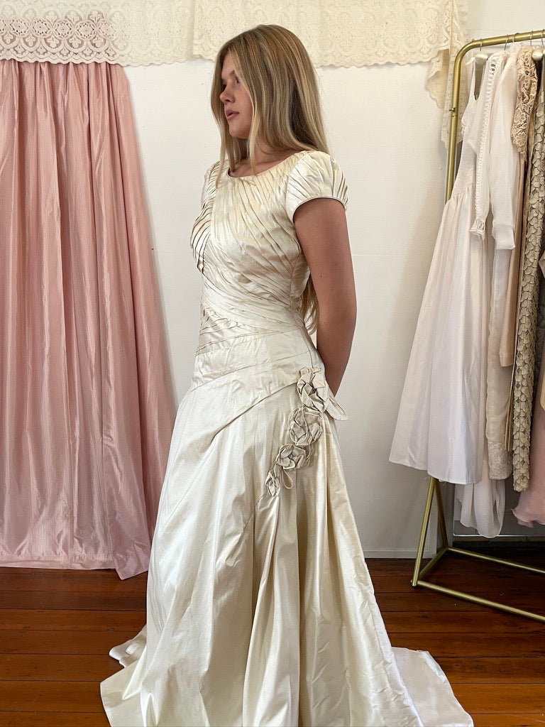 Vintage 90s silk dupion pleated high neck wedding gown