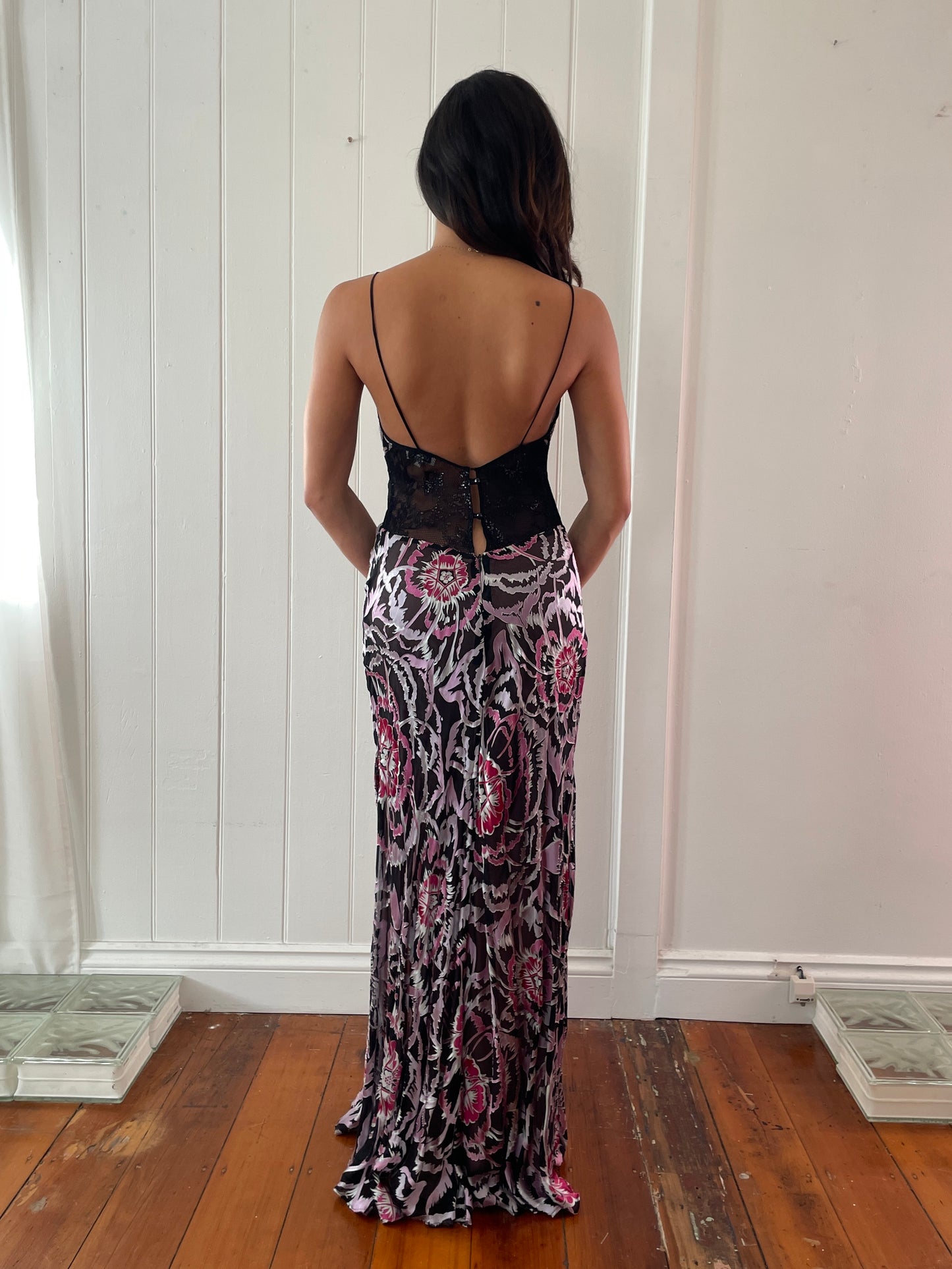 Vintage y2k silk burnout evening gown with lace panels