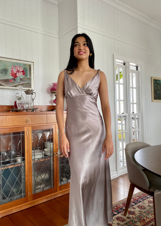 Vintage y2k  satin gown with draped back mocha