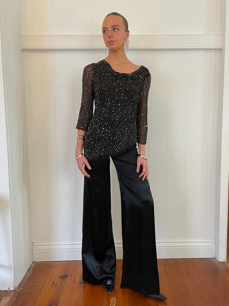 Vintage 90s black asymmetric silk sequinned blouse