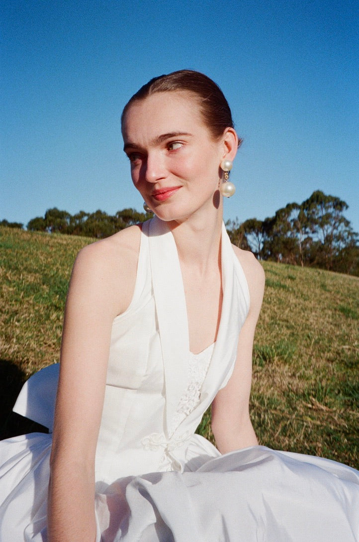 Vintage 90s taffeta basque waist halterneck gown