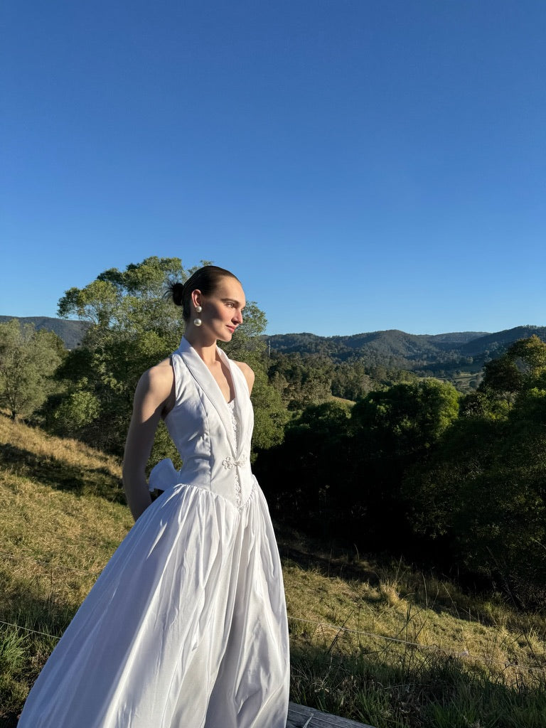 Vintage 90s taffeta basque waist halterneck gown