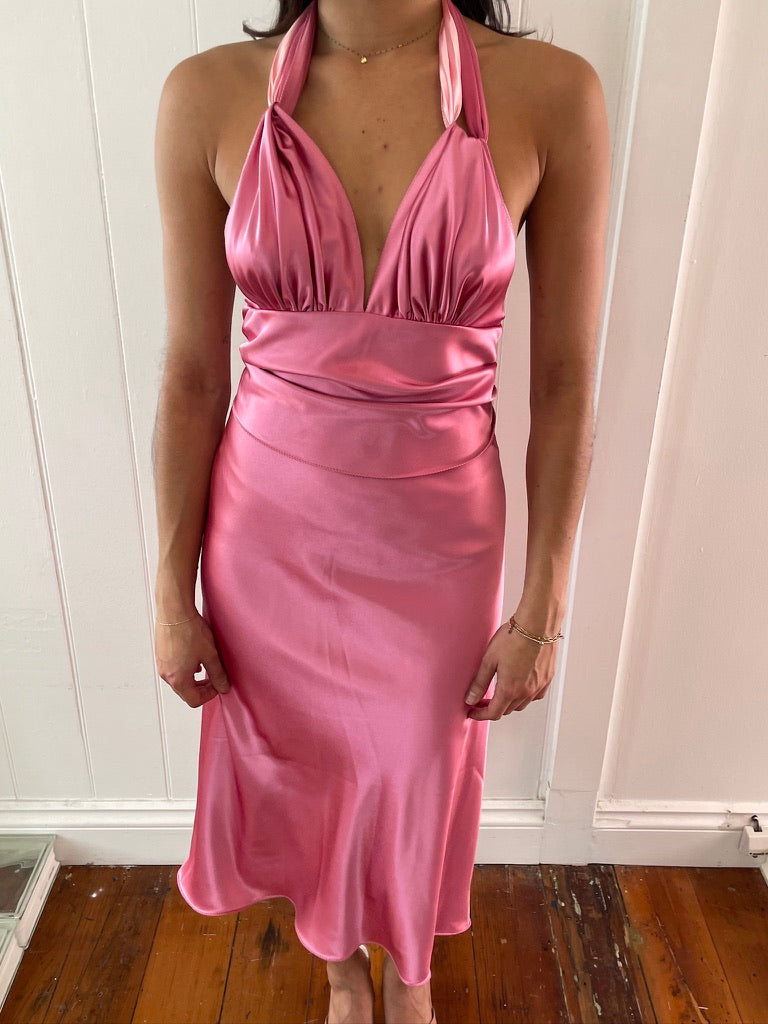 Vintage 90s pink satin open back halter neck midi dress