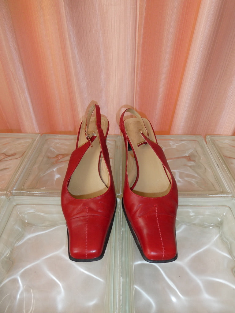 90s red leather square toe slingback kitten heels size 40