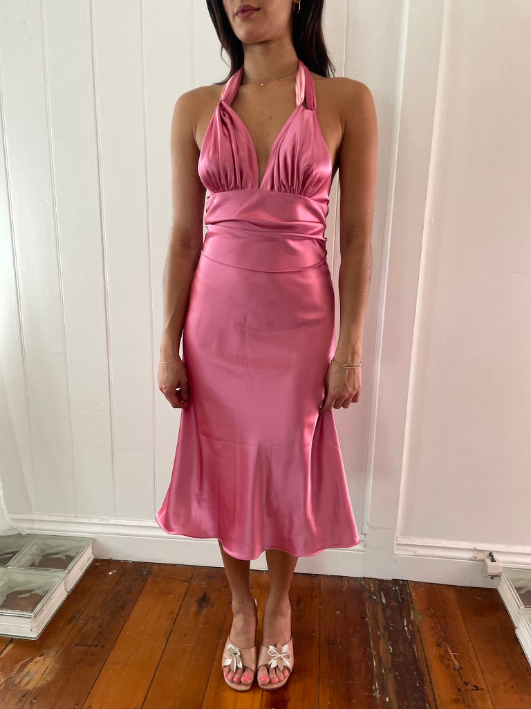 Vintage 90s pink satin open back halter neck midi dress