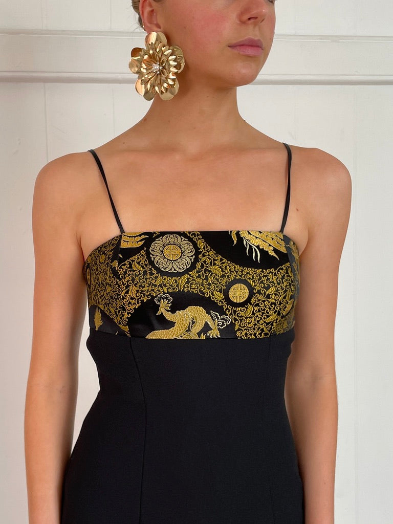 Vintage 90s black brocade mini dress