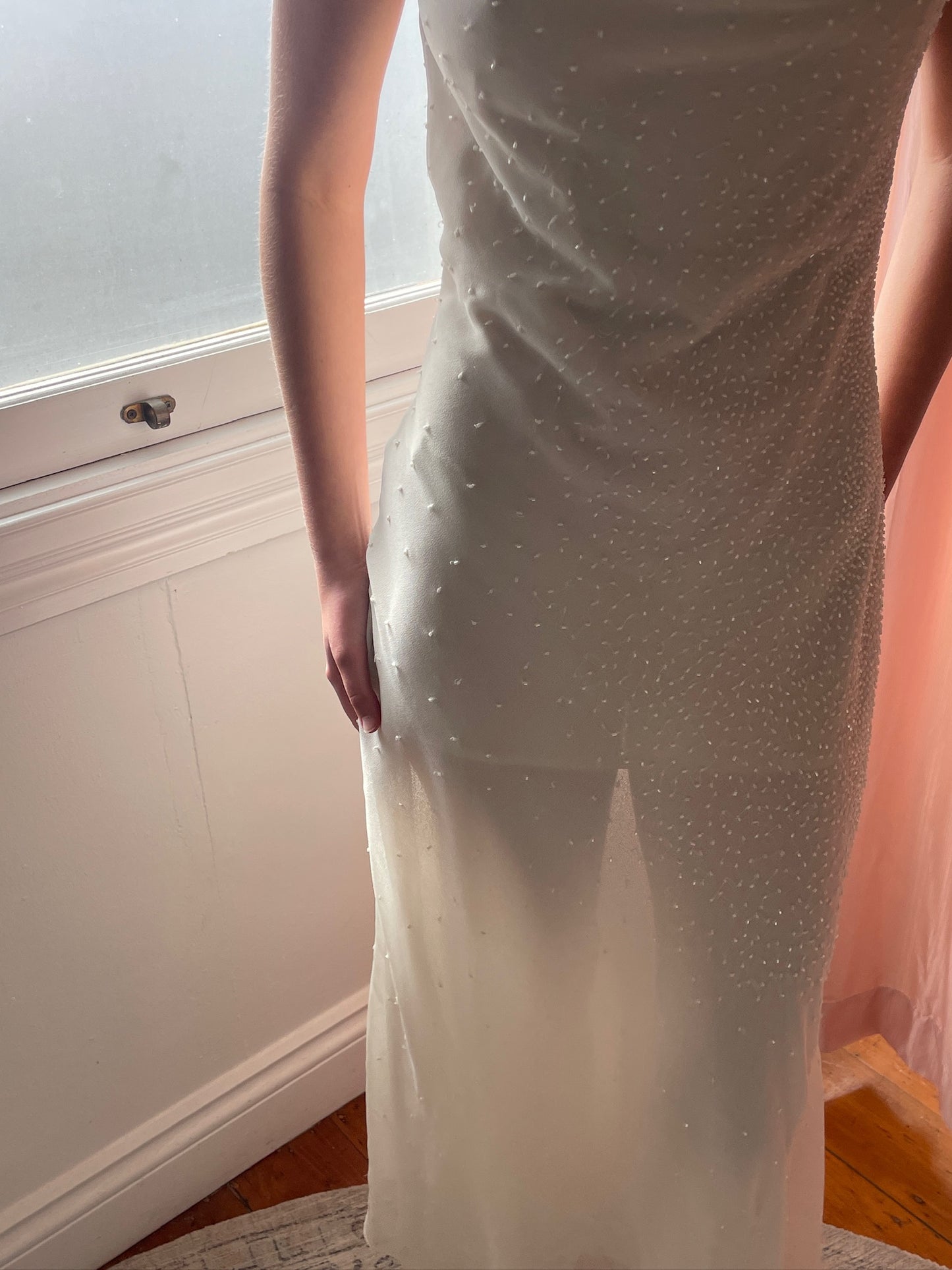 Vintage 90s white silk beaded bias cut slip dress