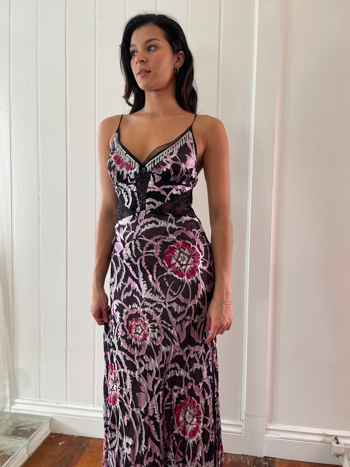 Vintage y2k silk burnout evening gown with lace panels