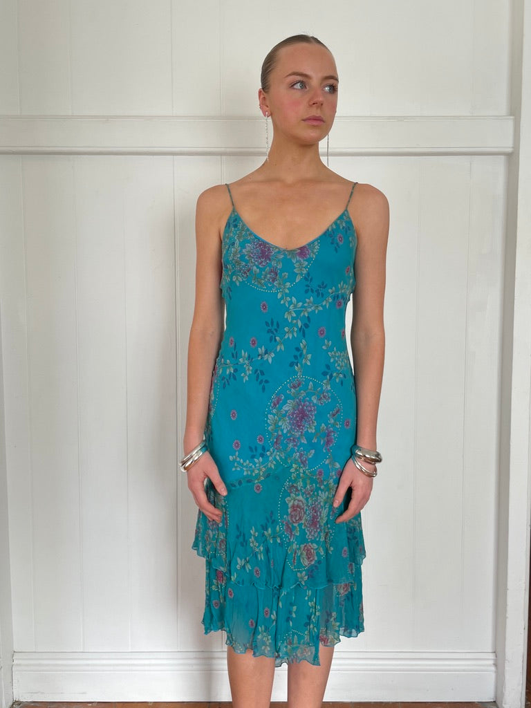 Vintage y2k blue floral silk bias cut asymmetric midi dress