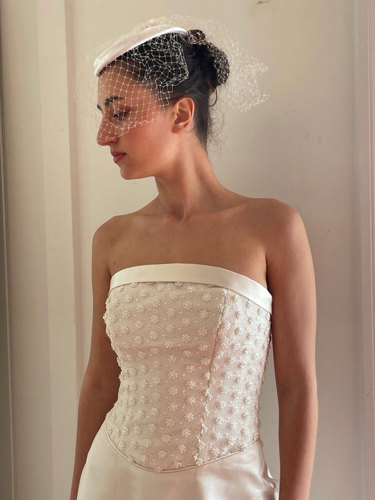 Vintage 70s white satin bridal hat with face netting