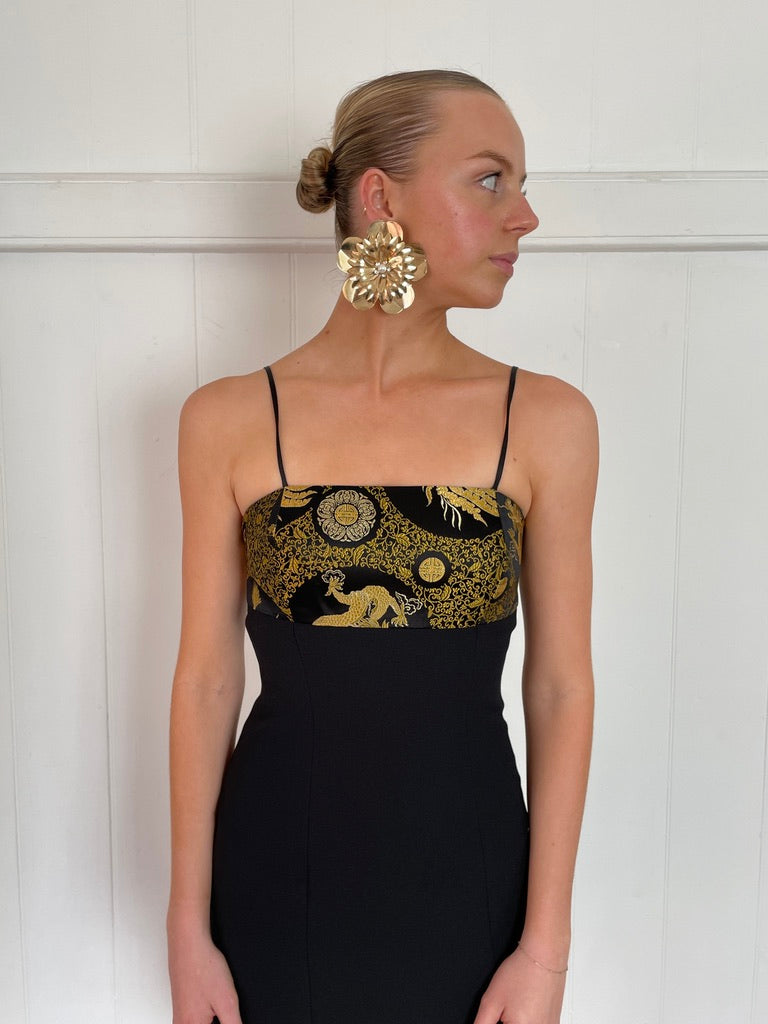 Vintage 90s black brocade mini dress