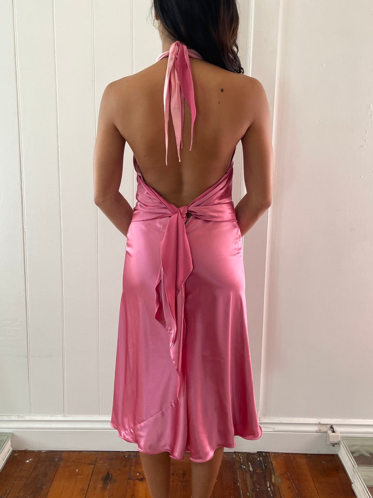 Vintage 90s pink satin open back halter neck midi dress