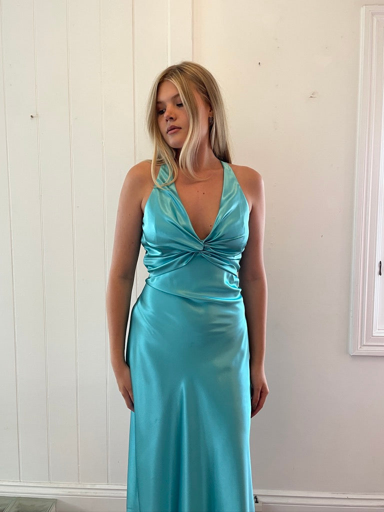 Vintage Y2K Ruth Tarvydas aqua satin midi dress