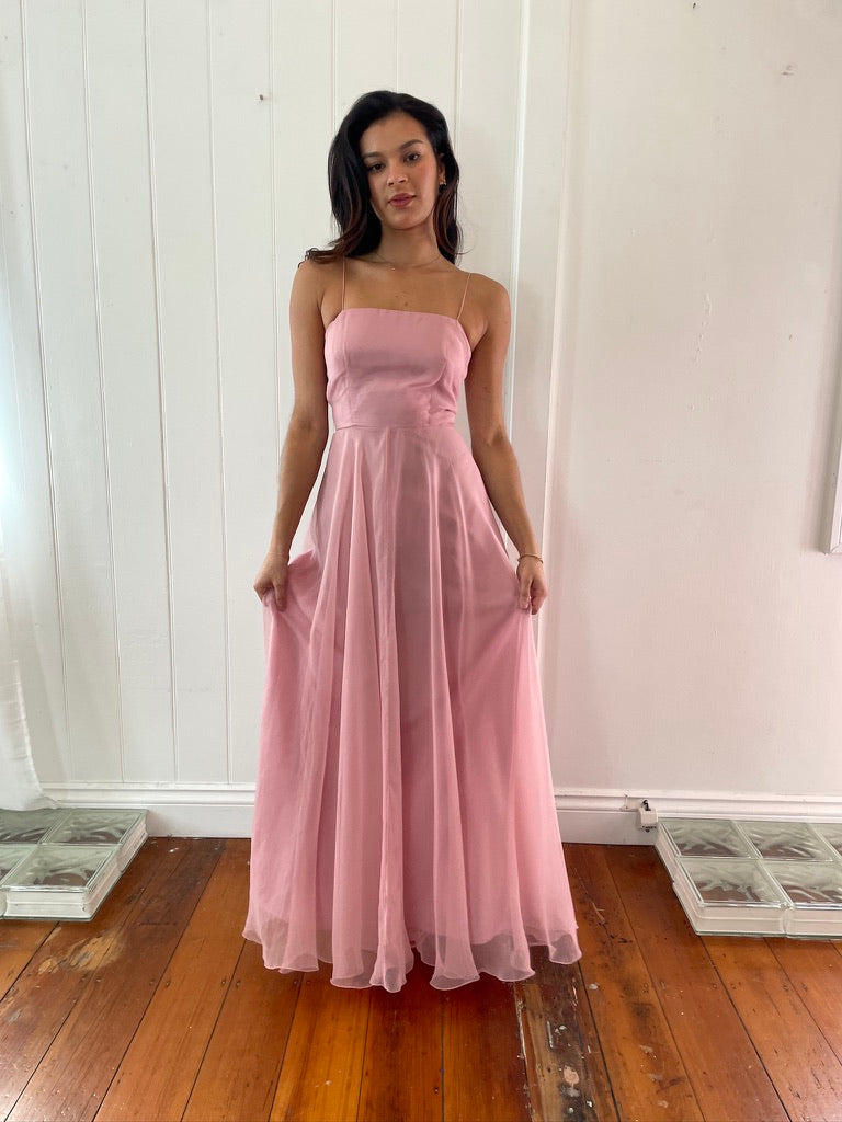 Vintage 70s dusty pink maxi dress with sheer bolero