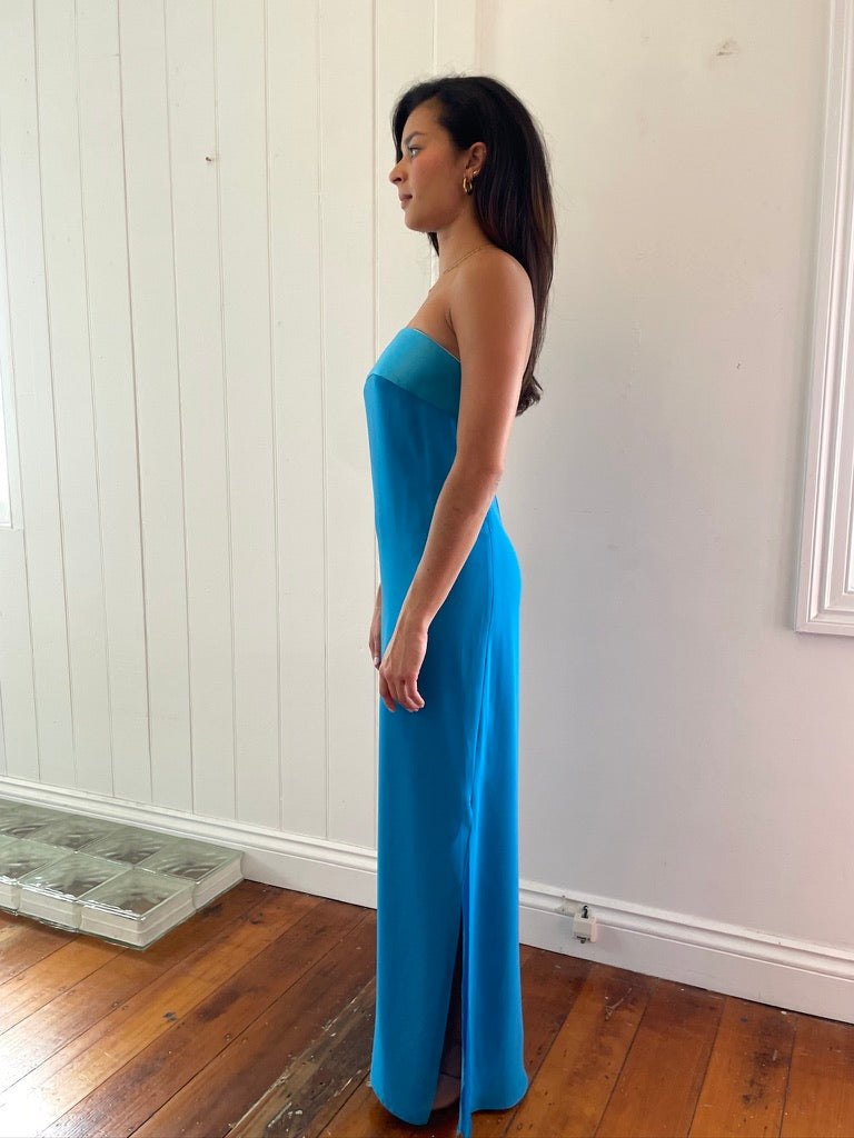Vintage 90s blue strapless column evening dress