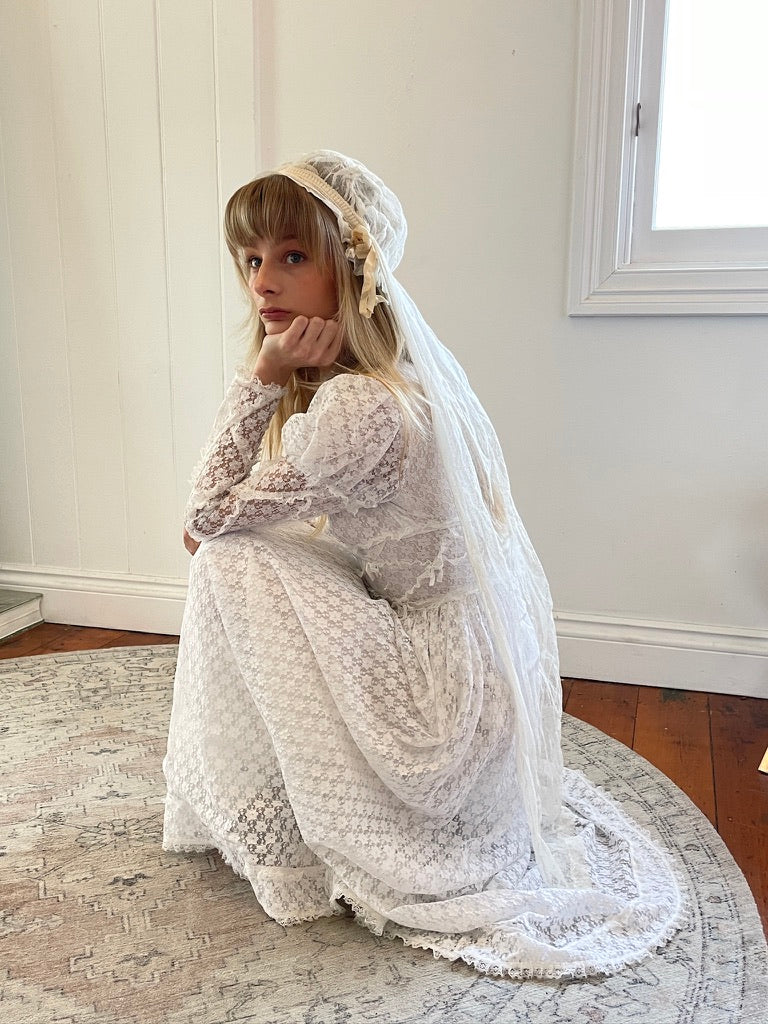 Vintage 70s lace high neck long sleeve wedding dress