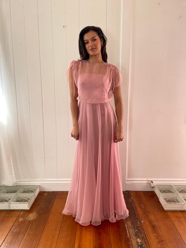 Vintage 70s dusty pink maxi dress with sheer bolero