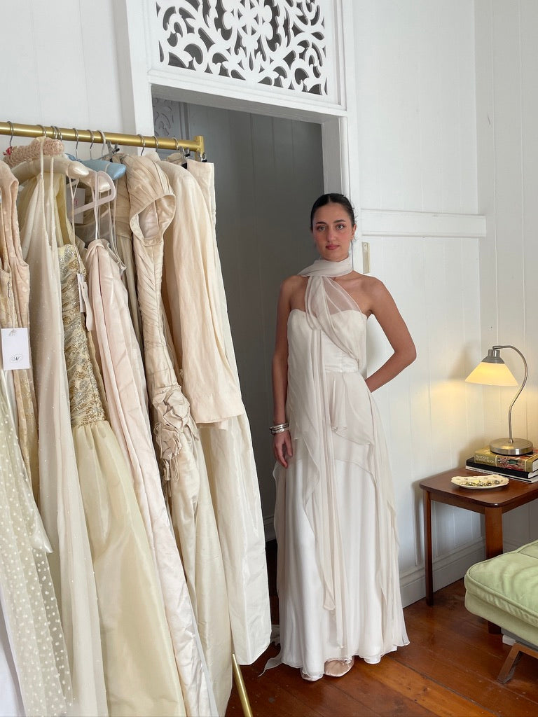 Vintage 90s tiered silk georgette waterfall wedding gown