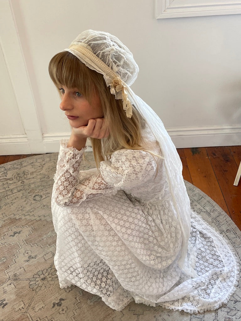 Antique 20s Juliet Cap veil with ruffles and satin ribbon flowers