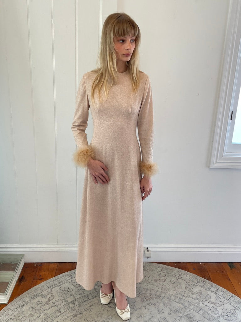 Vintage 60s champagne lurex long sleeve gown with ostrich feather cuffs