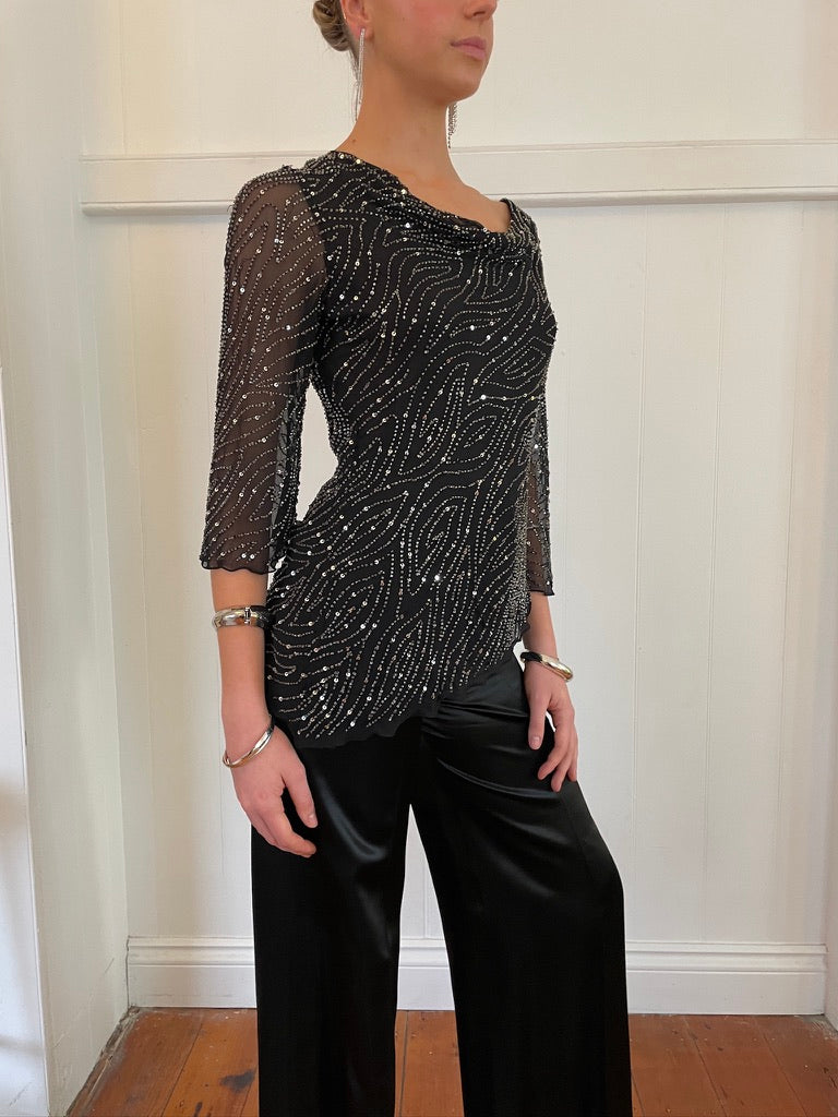 Vintage 90s black asymmetric silk sequinned blouse