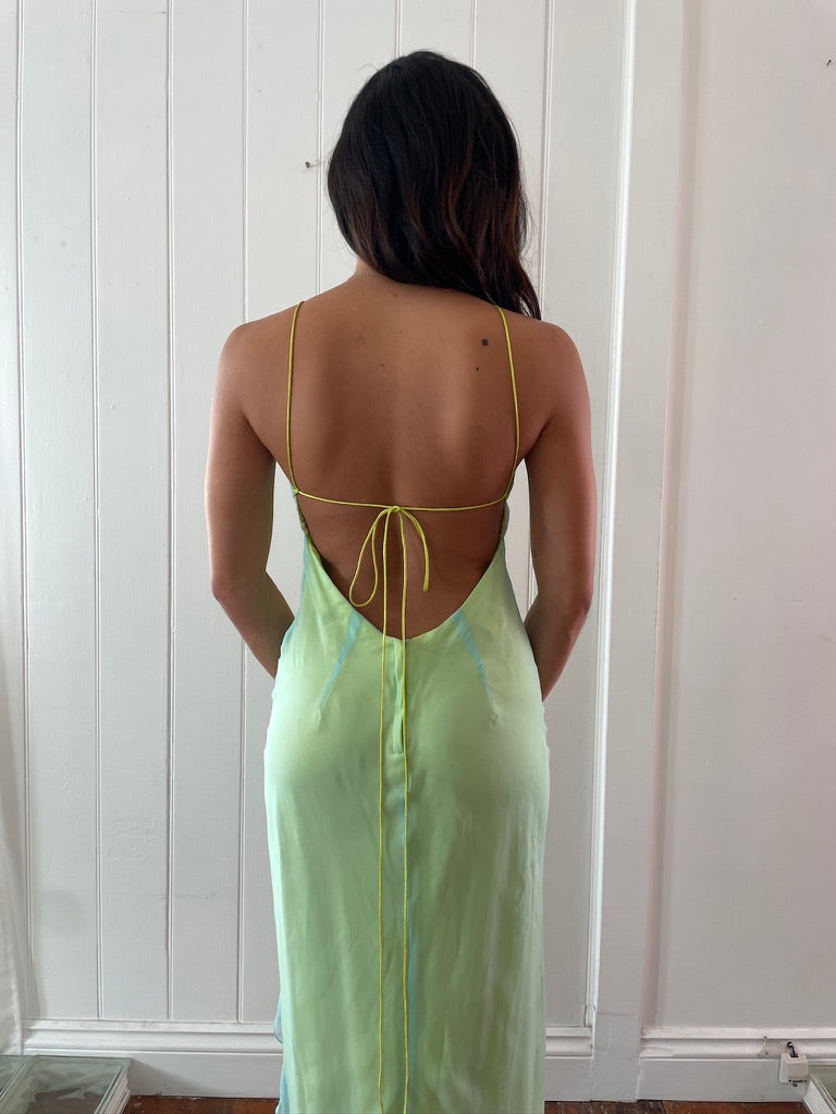 Vintage 90s green and blue high low backless dress