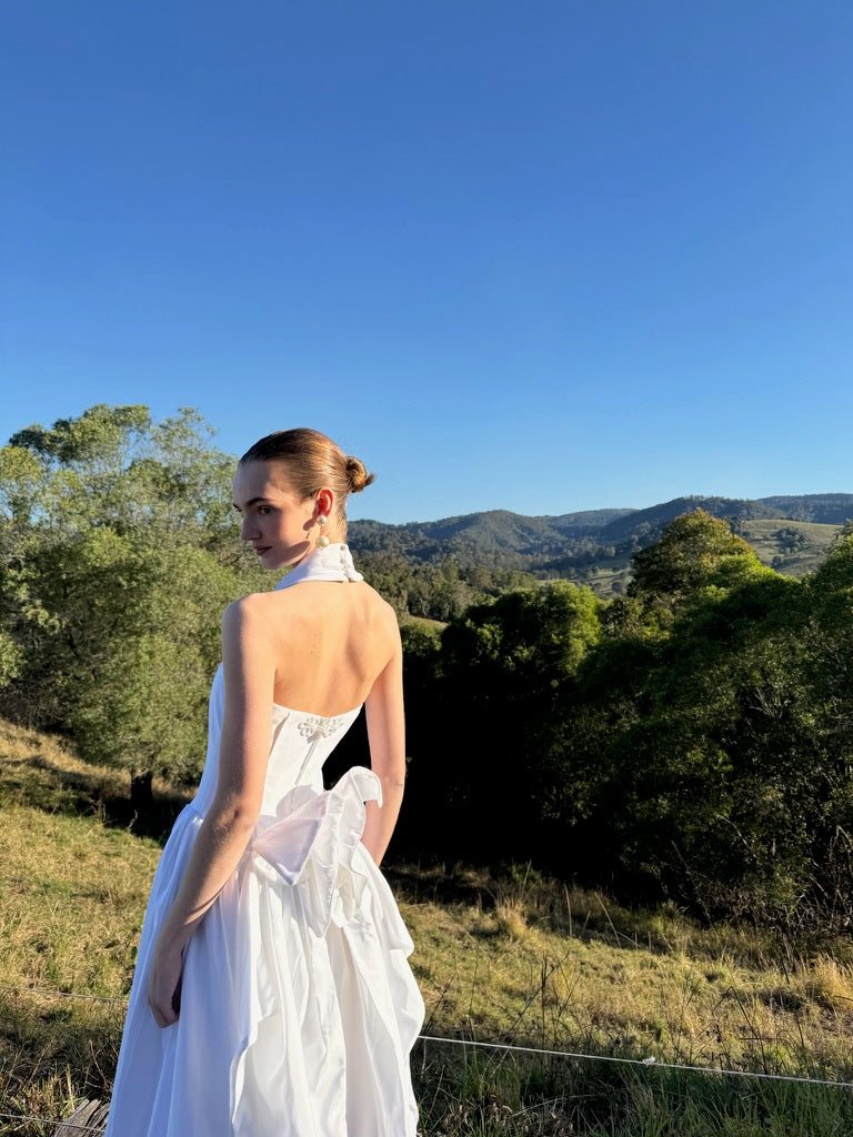 Vintage 90s taffeta basque waist halterneck gown